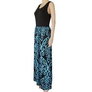 Boho T Shirt Maxi Dress Women's M Teal Black Stretch Knit Pockets Sleeveless